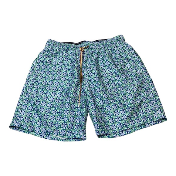 Bugatchi Mid Length 7” Blue Green Geometric Swim Lined Shorts Trunks Mens Size M - Picture 1 of 13